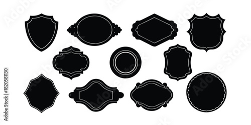 Ten black silhouette decorative frames and labels on white background badge shield