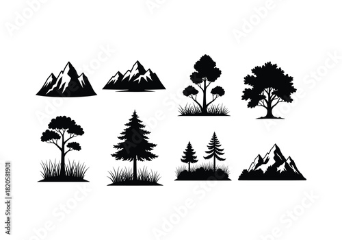 Mountain and Tree Silhouette Icon Set – Nature Landscape Vector Collection