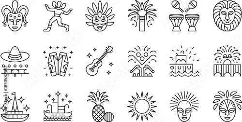 Creative Festival Icons Set - Line Art, Cultural Symbols, Ethnic Designs for Branding and Illustration