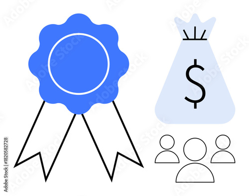 Award ribbon, dollar sign money bag, and group icons emphasize recognition, monetary reward, collaboration, and success. Ideal for business achievements, leadership goals, teamwork incentives