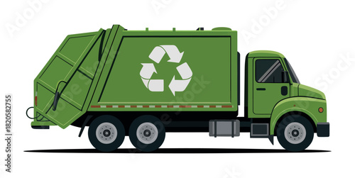 A green recycling truck with a recycling symbol on its side is depicted against a white background.