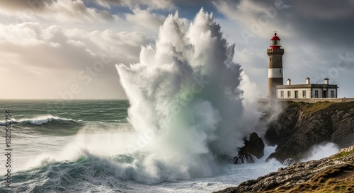 Fototapeta Naklejka Na Ścianę i Meble -  Lighthouse on the rocky coast, bathed in light against the stormy ocean waves and dramatic sky