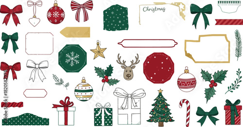 Festive christmas stickers featuring ornaments bows gifts and holiday elements