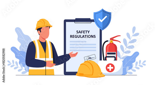 A smiling worker in a yellow vest points to a safety regulations clipboard, surrounded by a hard hat, fire extinguisher, and first aid kit to emphasize the vital importance of workplace compliance
