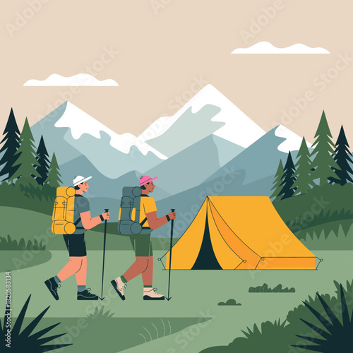 Two hikers with backpacks and trekking poles walk past a tent in a mountainous landscape.