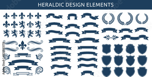 Heraldic design elements, fleur-de-lis icons, lion rampant symbols, ribbon banners, laurel wreaths, shield shapes, scrollwork, vintage emblems, coat of arms graphics