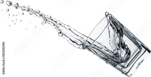Clear liquid splashing out of a tilted glass dynamic droplets isolate water pouring spill wet fluid motion ice transparent clean refreshment drink beverage