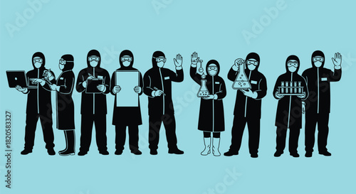 Illustration of scientists in hazmat suits conducting research