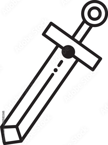 Minimalist black line art icon of a medieval broadsword with a geometric blade and ring pommel.