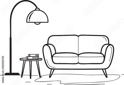 Minimalist handdrawn illustration of a modern living room set with a loveseat arched floor lamp and side table.