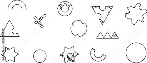 described features a diverse collection of thirteen outline-style shapes, arranged in a scattered format against a clean white background. Here’s a breakdown of the elements: