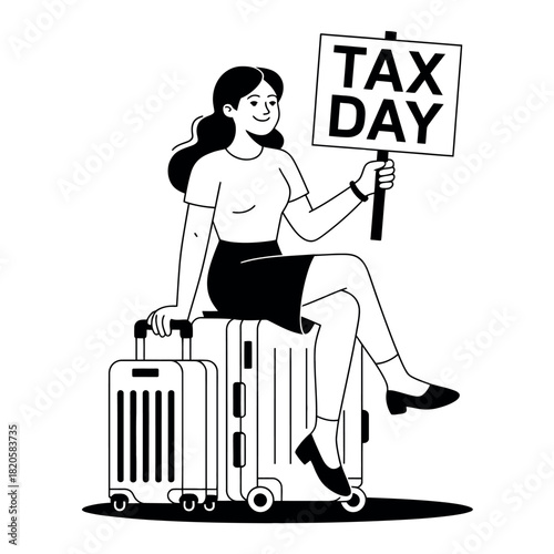 A woman holding a "Tax Day" sign sits on luggage, ready to travel after filing her taxes.