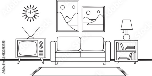 Minimalist line art illustration of a retro living room with a vintage television sofa and midcentury modern decor.