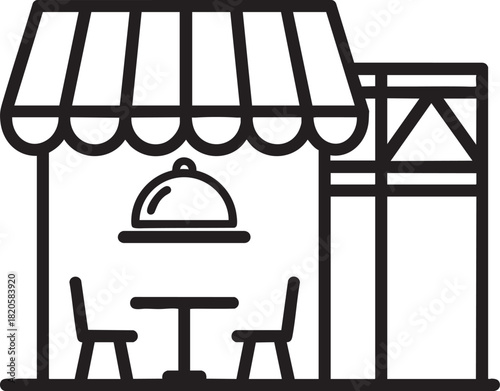 Minimalist restaurant icon with a striped awning outdoor dining table and a food cloche sign.