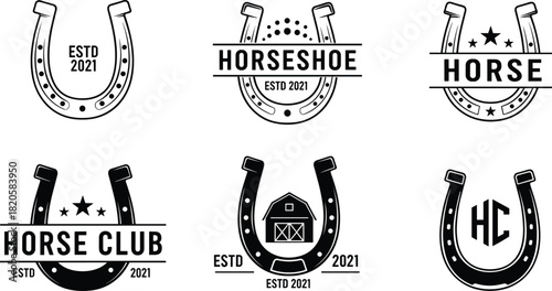 Horseshoe logo set, equestrian club emblems, western style icons, horse-themed branding graphics, ranch identity symbols, vintage vector badges, black design elements