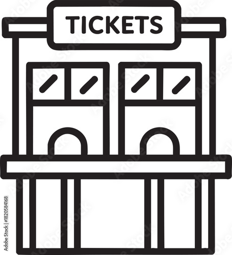 Monochrome line art icon of a ticket booth with two service windows and a sign.