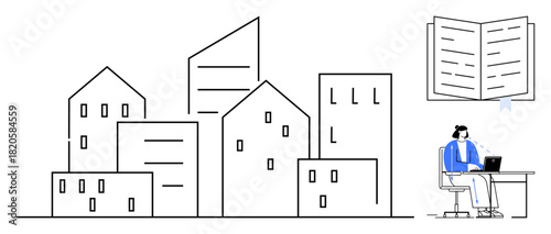 Urban architecture. A minimalistic depiction of city buildings, remote work, and knowledge sharing. Urban architecture connects work, technology, and education concepts. For design, education