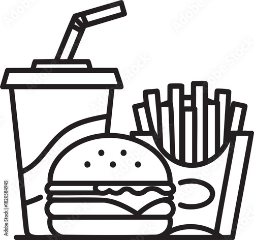 Simple black outline icon of a fastfood combo meal with a burger fries and a soft drink.
