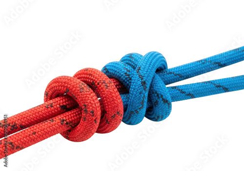 Closeup of a red and blue climbing rope tied together with a secure double fishermans knot isolated on transparent background