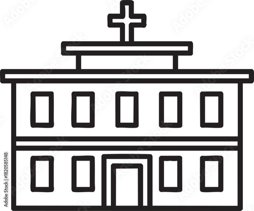 Simple black outline icon of a twostory hospital building with a medical cross on the roof.