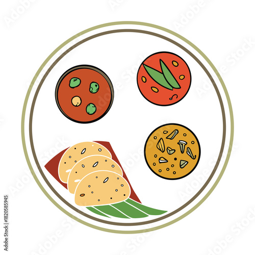 Indian thali meal with roti and curries in a plate