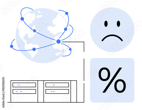 Network challenges. Network issues by a globe with connections, a sad face, and a percentage symbol. Network affecting performance and global data reliability. For IT, communication, technology