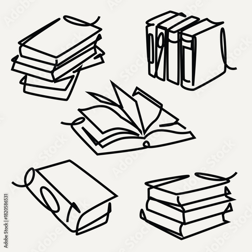 Book set one line drawing. Book set single line illustration. Book set minimalist line art. Book set vector art