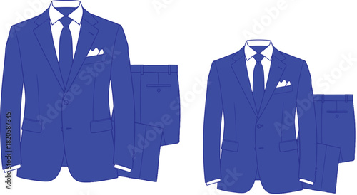 described showcases two sets of vividly blue suits, each comprising a jacket, trousers, a tie, and a white pocket square.