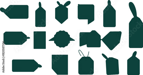 diverse collection of dark cyan price tags, each showcasing unique shapes and styles, organized in a structured grid layout. Here’s a breakdown of the elements: