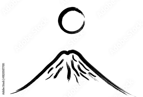 筆書きした月と富士山の葉書テンプレート