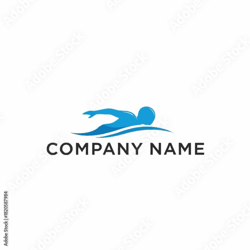 Blue swimmer silhouette in freestyle stroke over stylized waves and company name.