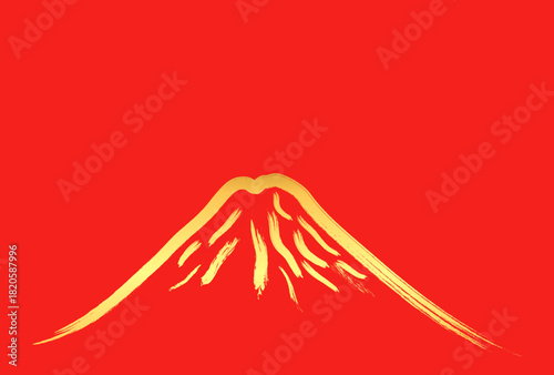 赤い背景に筆書きした金色の富士山の線画