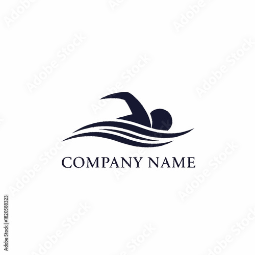 Swimming logo design with swimmer in water waves for company branding.