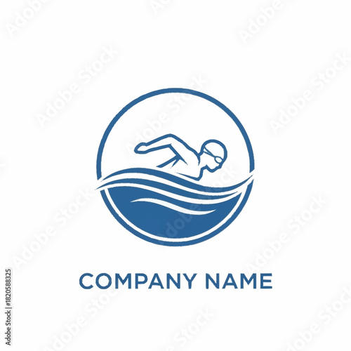 Dynamic Swimmer Logo Design with Waves in a Blue Circle.