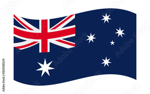 Vector illustration of the Australian national flag in a waving shape, featuring the Union Jack, Commonwealth Star, and Southern Cross constellation. Ideal for presentations, education, and design