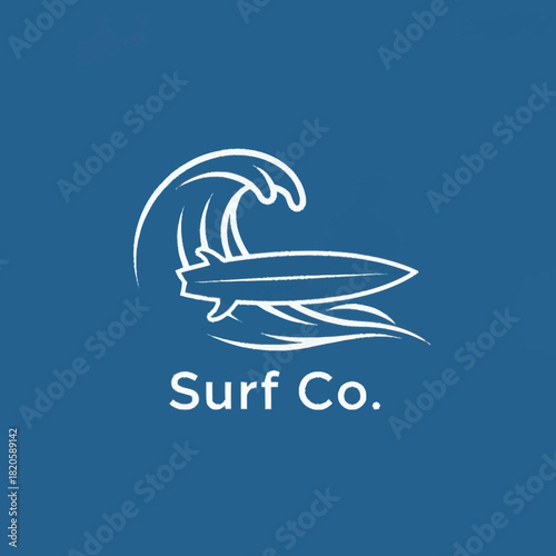 Surf Co Logo Depicting a Surfboard and Wave on Blue Background.