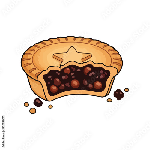 A festive, partially eaten pie with a star cutout, revealing a dark filling.