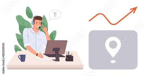 Man with headset at desk talking and writing notes near computer, growth graph, location marker. Ideal for customer service, communication, business growth, remote work, online support, analytics