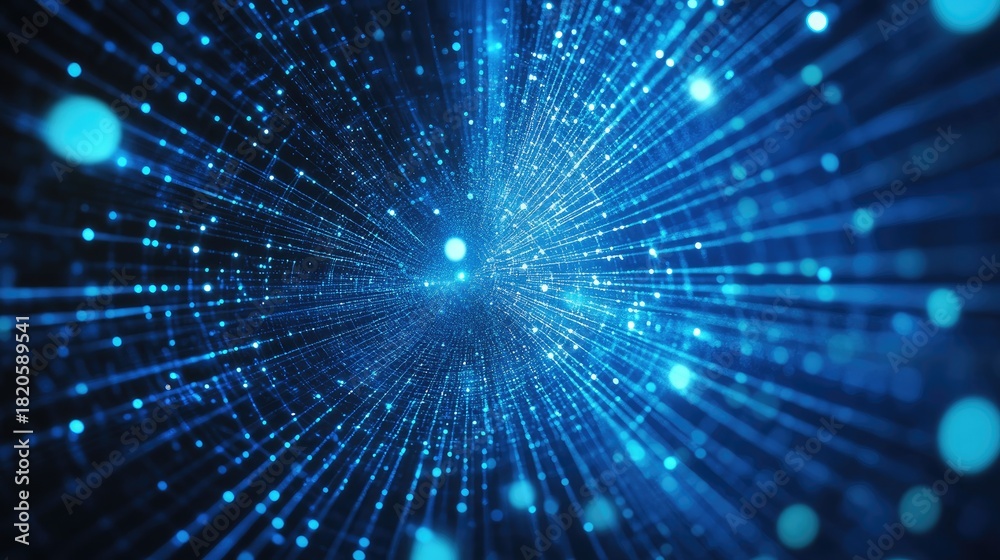 Fototapeta premium Blue light tunnel with radiant particles and lines