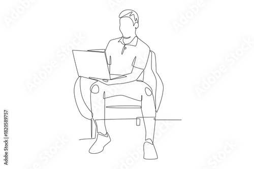 Man working while sitting on the sofa. Working from sofa concept one-line drawing