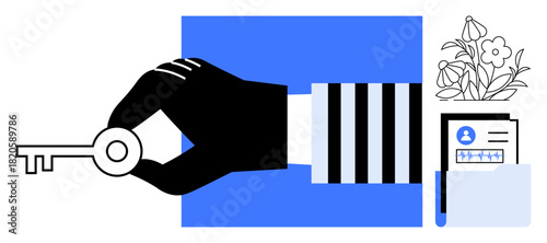 Black hand holding key near profile document with username and password, alongside flower pot. Ideal for security, access, privacy, data protection, identity, trust digital safety. A simple flat