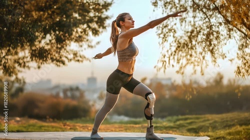 Determined amputee woman practicing yoga outdoors at sunrise