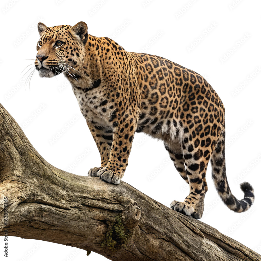 Obraz premium Majestic Jaguar standing confidently on thick wooden branch.