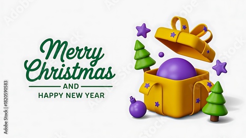 Yellow christmas gift box with purple ornaments and trees for festive greeting
