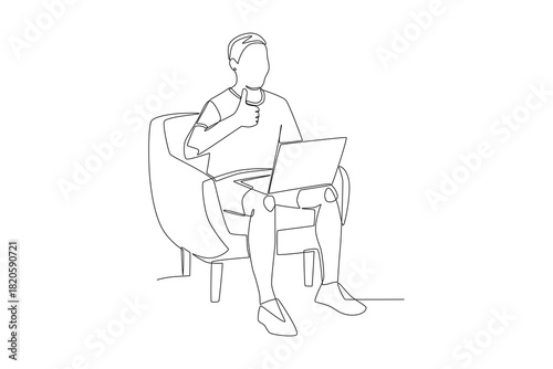 Man working while sitting on the sofa. Working from sofa concept one-line drawing