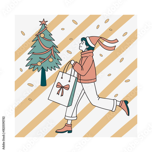 Cartoon vector illustration of Santa Claus with gifts and a fashionably dressed girl in a red dress shopping