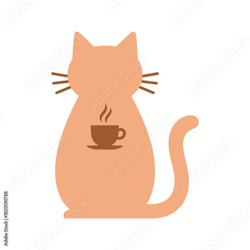 Minimalist vector illustration of a seated orange cat viewed from behind, featuring a small steaming coffee cup icon on its back. Clean, modern, cozy design.