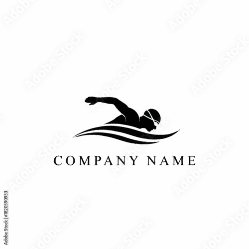 Silhouette of a swimmer in action with stylized water waves and company name text.