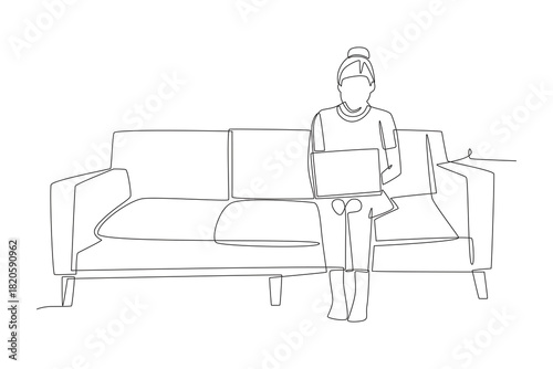 Woman working while sitting on sofa. Working from sofa concept one-line drawing