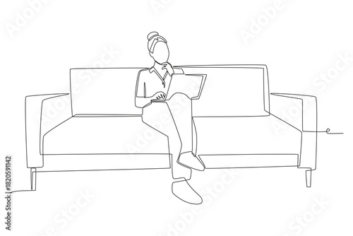 Woman working while sitting on sofa. Working from sofa concept one-line drawing